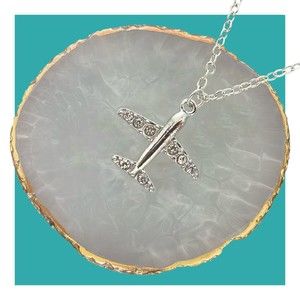 Airplane Necklace Silver Plated Rhinestone Plane Pendant & Cable Chain Jewelry